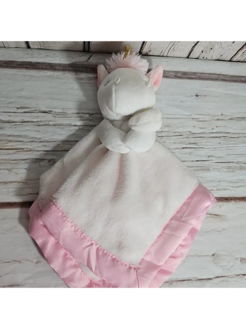 Carters White Unicorn Plush Pink Satin Trim Security Blanket Lovey Gold Horn